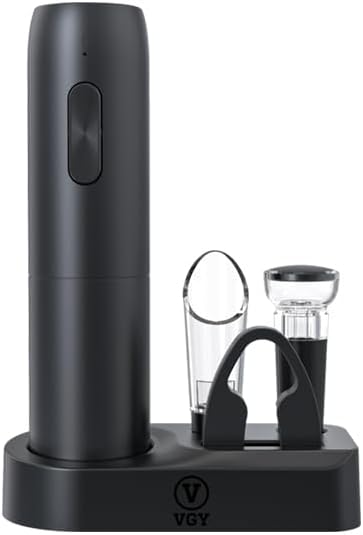 VGY Electric Wine Opener Set, 5 in 1 Rechargeable Automatic Electric Corkscrew with Charging Base, Foil Cutter, Wine Pourer & Vacuum Stopper, Electric Wine Bottle Opener for Home Bar & Wine Lovers