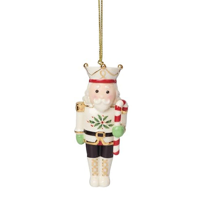 Holiday Nutcracker Ornament - Hanging Christmas Decor, Porcelain with Gold Accents - Nutcracker Ornament Variation