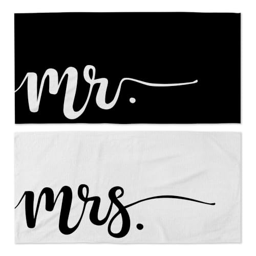Mr and Mrs Beach Towel Set of 2 - Black White Lightweight 30x60 in for Couple