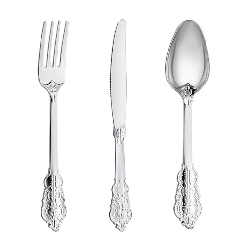Silver Plastic Silverware Set 300PCS Vintage Disposable Utensils & Cutlery - Silver / 300PCS