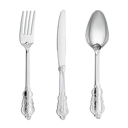 Silver Plastic Silverware Set 300PCS Vintage Disposable Utensils & Cutlery - Silver / 300PCS
