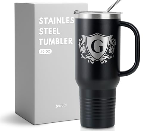 Personalized 40 oz Tumbler with Handle and Straw - G Variation, Custom Monogram Travel Mug for Men