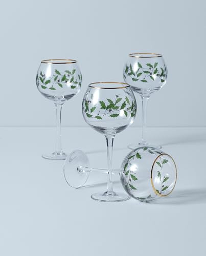 Balloon Wine Glasses Set of 4 - 14oz Holiday Holly Leaf & Gold Trim