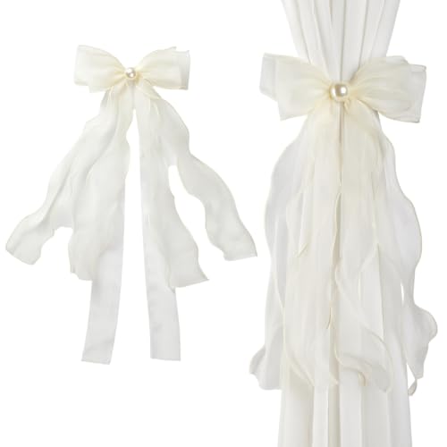 White Silky Bow Curtain Tiebacks Set - Elegant Lace Holdbacks, 2 Pack