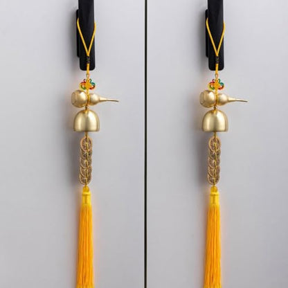 Big Hanging Bell with Five Emperor Coins Brass Wind Chime Ornament - Yellow Tassel Variation