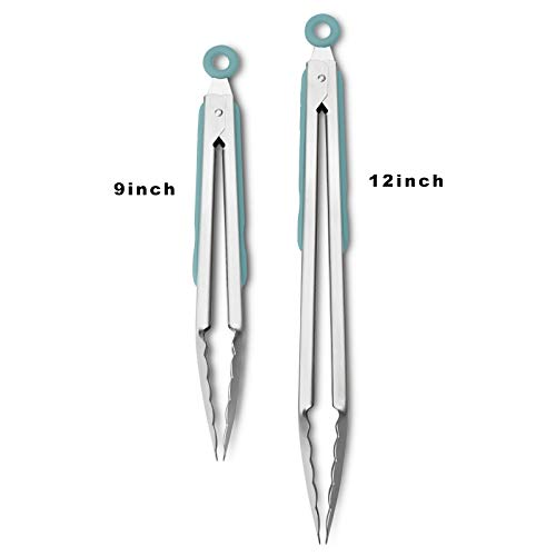 304 Stainless Steel Kitchen Cooking Tongs, 9" and 12" Set of 2 Sturdy Grilling Barbeque Brushed Locking Food Tongs with Ergonomic Grip, Aqua Sky