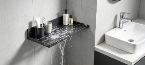 Foldable 14x8 Inch Wall Mount Router Shelf with Cable Hole - Black
