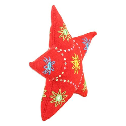 Handmade Wool Christmas Tree Topper with Embroidered Embellishments - 11.75in