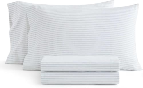 Queen Cotton Flannel Sheet Set with Deep Pocket Fitted & Pillowcases - Ticking Stripe Blue