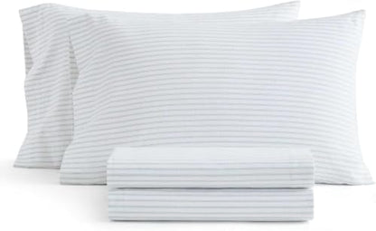 Queen Cotton Flannel Sheet Set with Deep Pocket Fitted & Pillowcases - Ticking Stripe Blue