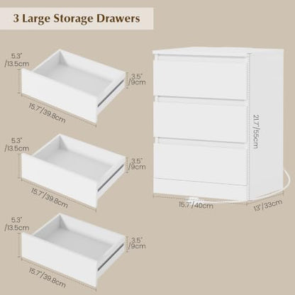 Nightstands Set of 2 with Charging Station, 3 Drawers, White - Medium