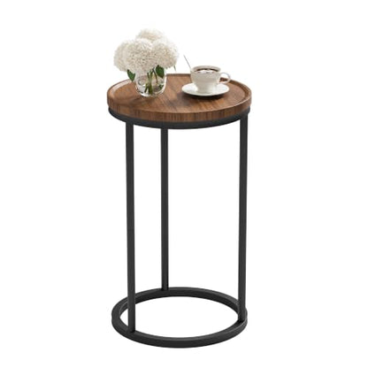 Small Round Side Table - Walnut Finish, 11.8 Inch Diameter, Modern End Table