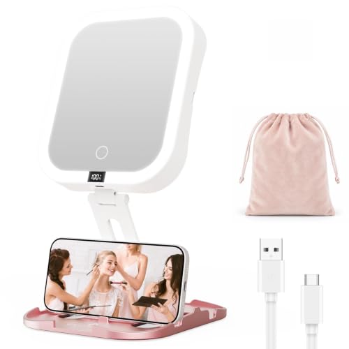 Foldable Travel Makeup Mirror with Lights 10X/1X Magnification USB-C