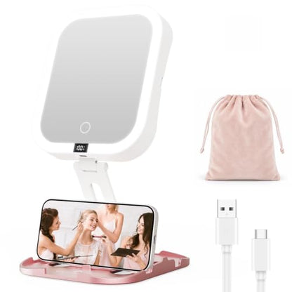 Foldable Travel Makeup Mirror with Lights 10X/1X Magnification USB-C