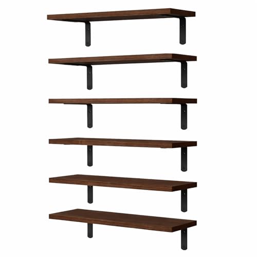 Set of 6 Wooden Floating Wall Shelves - Rustic Farmhouse Wall Storage