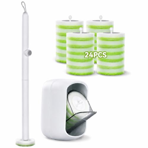 Disposable Toilet Brush Holder with 24 Pre-Loaded Refills - Space-Saving Wall Mount