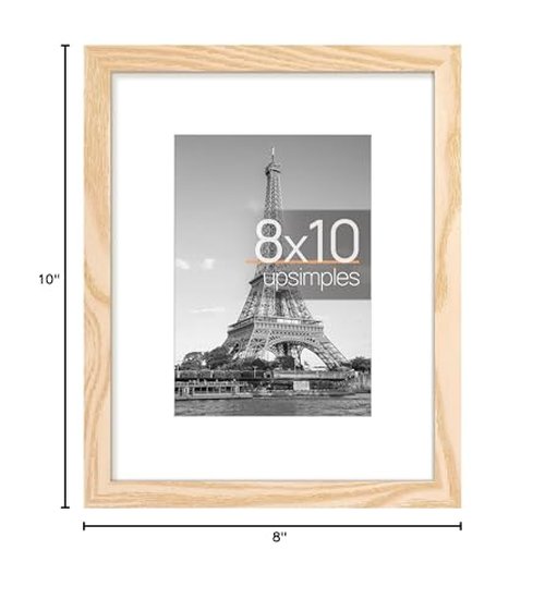 upsimples 8x10 Picture Frame, Display Pictures 5x7 with Mat or 8x10 Without Mat, Wall Hanging Photo Frame, Natural, 1 Pack