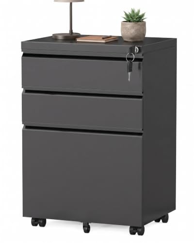 Omelaza Fully Assembled 3-Drawer Mobile File Cabinet Lockable Black