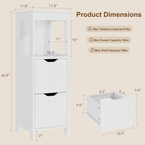 Small Bathroom Storage Cabinet with Drawers & Open Shelf - White - Space-Saving Narrow Design with Farmhouse Style