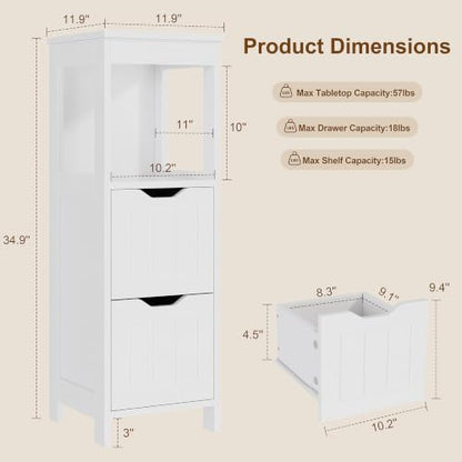 Small Bathroom Storage Cabinet with Drawers & Open Shelf - White - Space-Saving Narrow Design with Farmhouse Style