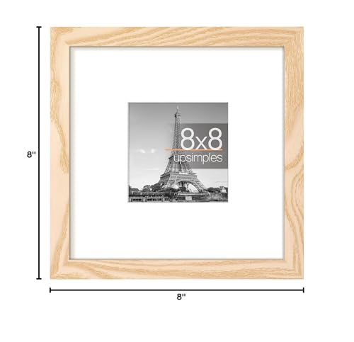 upsimples 8x8 Picture Frame, Display Pictures 4x4 with Mat or 8 x 8 Without, Wall Hanging Photo Frames, Natural, 1 Pack