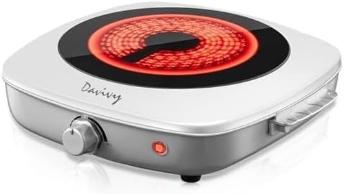Davivy Single Burner Hot Plate - 1200W Infrared Cooker with Sturdy Handle | 7.9-Inch Ceramic Glass Cooktop, White