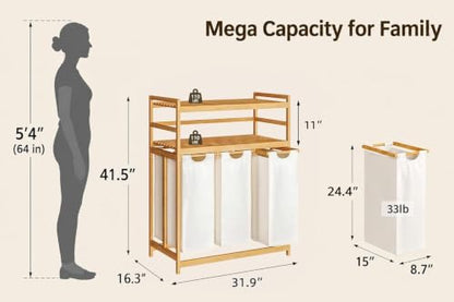 Beige Bamboo Laundry Hamper with 2-Tier Shelf and Removable Bags - 150L Capacity