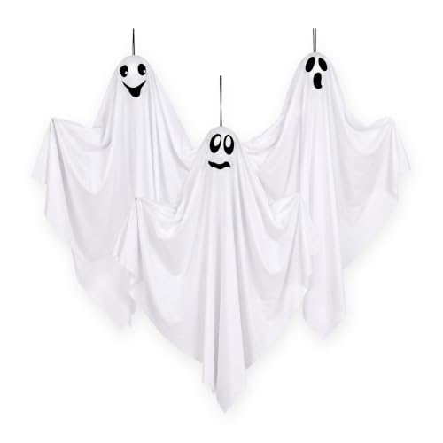 Hanging Halloween Ghost Decorations Set with Unique Faces - Weather-Resistant Indoor Outdoor Ghosts