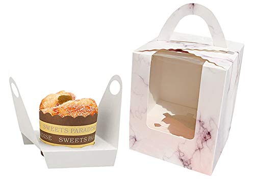 30 Pcs Cupcake Boxes Individual Kraft Paper Single Cupcakes Containers with Window Insert and Handle for Wedding Birthday Party Favor Packaging