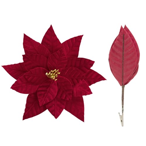 Artificial Velvet Poinsettia Flowers Clip On Christmas Decorations - Red, 9.8 Inch, 10 pcs