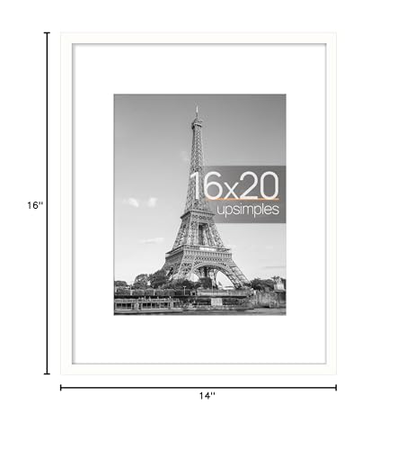 upsimples 16x20 Picture Frame, Display Pictures 11x14 with Mat or 16 x 20 Without, Wall Hanging Poster Frame, White, 1 Pack