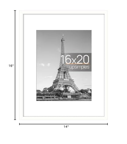 upsimples 16x20 Picture Frame, Display Pictures 11x14 with Mat or 16 x 20 Without, Wall Hanging Poster Frame, White, 1 Pack