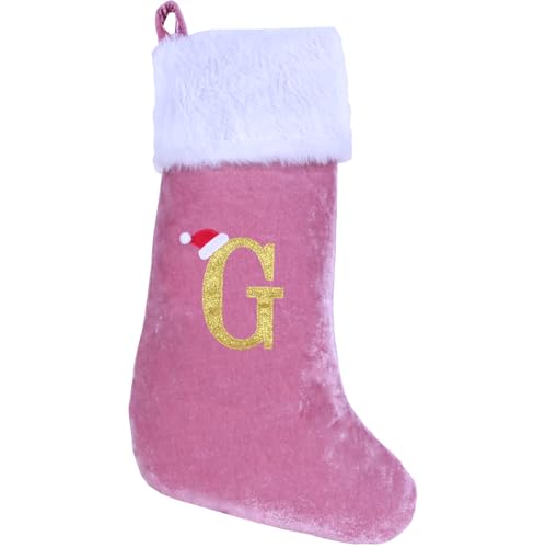 Pink Velvet Christmas Stocking with White Plush Cuff - Letter G Monogram, 20 Inch Holiday Decor