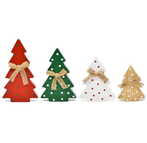 Set of 4 Wooden Christmas Tree Decorations - Holiday Centerpiece