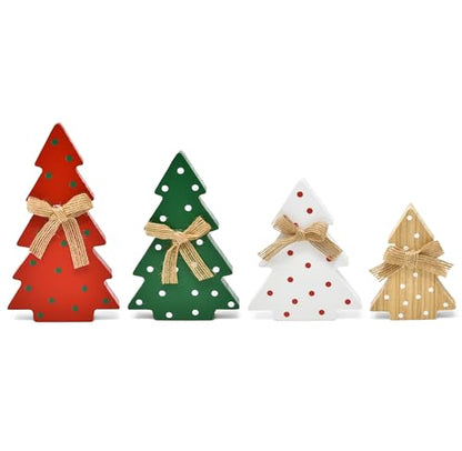 Set of 4 Wooden Christmas Tree Decorations - Holiday Centerpiece