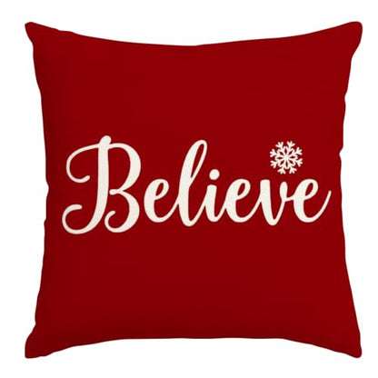 Christmas Believe Pillow Cover 18x18 Red Holiday Decor - Pack of 1
