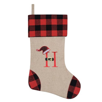 Personalized 20 Inch Monogram Burlap Christmas Stocking - Letter H, Red Black Buffalo Plaid