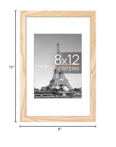 upsimples 8x12 Picture Frame, Display Pictures 6x8 with Mat or 8 x 12 Without, Wall Hanging Photo Frames, Natural, 1 Pack