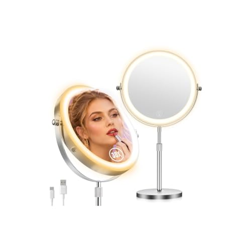 Nickel 9-Inch Double-Sided Lighted Makeup Mirror with 30X Magnification & Adjustable Brightness