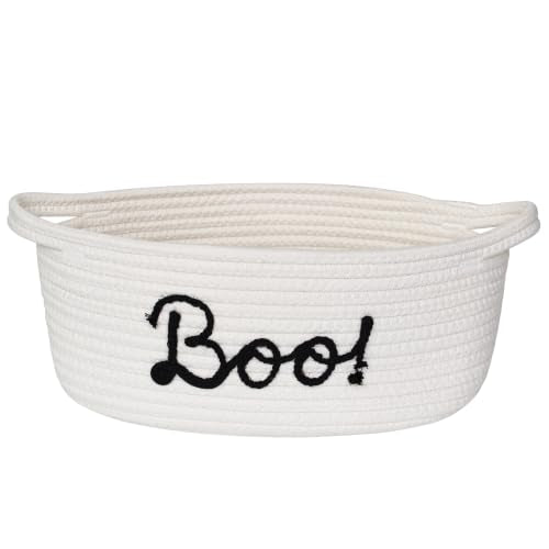 Halloween Boo Basket for Kids & Adults - White & Black Woven Gift Basket, 13x9x5 Inches