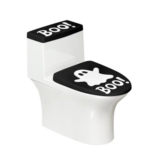 Boo Ghost Toilet Seat Cover Set Black & White Halloween Toilet Lid & Tank Cover, Machine Washable