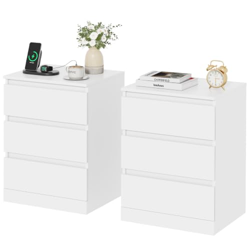 Nightstands Set of 2 with Charging Station, 3 Drawers, White - Medium