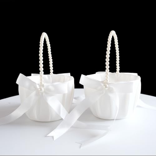 2 Pack Ivory Flower Girl Baskets for Wedding with Pearl Bow Handles