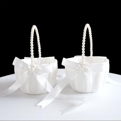 2 Pack Ivory Flower Girl Baskets for Wedding with Pearl Bow Handles