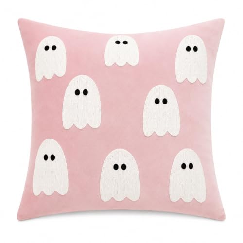 Halloween Throw Pillow 18x18 Pink Velvet Ghost Embroidery Decorative Cushion