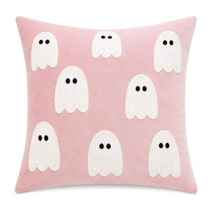 Halloween Throw Pillow 18x18 Pink Velvet Ghost Embroidery Decorative Cushion