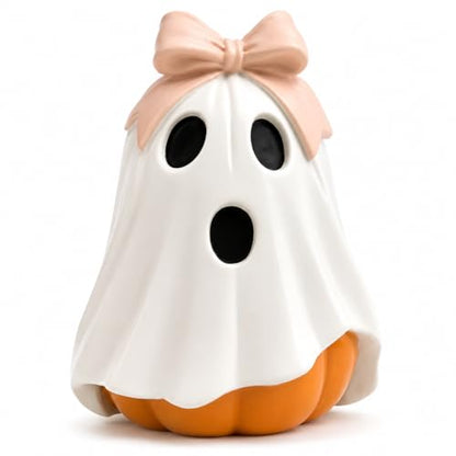 GoGnome Halloween Ghost Pumpkin Figurine - Pink Bow White Resin Fall Decor
