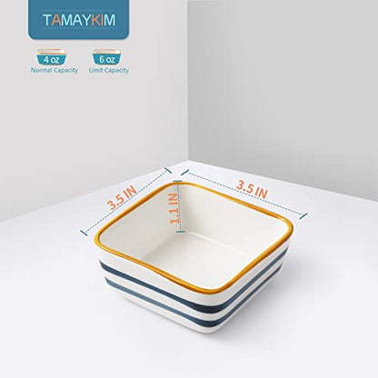 TAMAYKIM Small Porcelain Serving Bowls, 6 OZ Square Ceramic Ramekins Set of 10, 3.5 Inch Hand-painted Small Bowl for Appetizer, Snacks, Baking, Souffle, Custard Dish, Pudding, Dipping, Serving, Oven