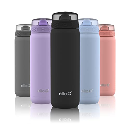 Ello Cooper 22oz Stainless Steel Water Bottle with Straw and Carry Handle, Double Walled and Vacuum Insulated Metal, Leak Proof Locking Lid with Soft Silicone Spout, Reusable, BPA Free, Black