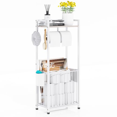 Freestanding Toilet Paper Holder Stand with Hooks & Storage - White